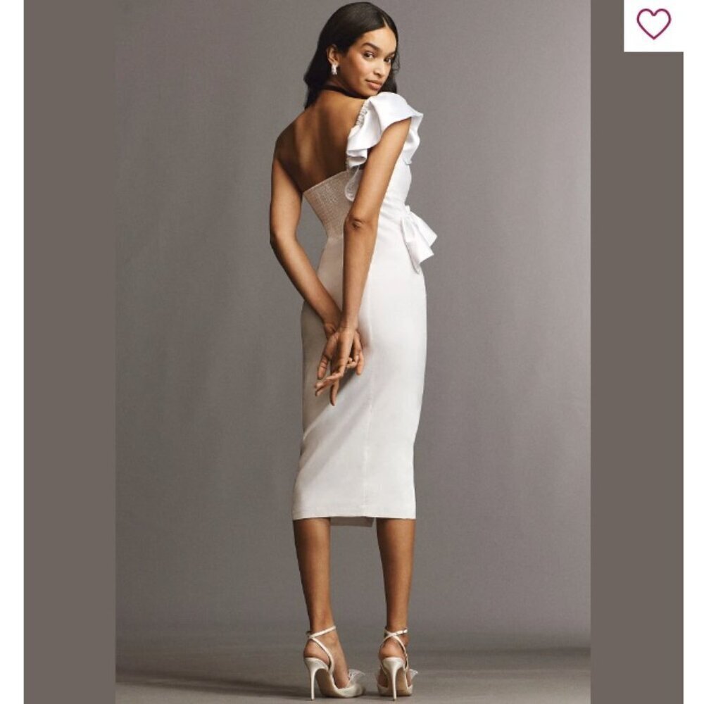 ANTHROPOLOGIE BHLDN Wren White One-Shoulder Ruffled Midi Stretch Dress Elastic S - Picture 3 of 12